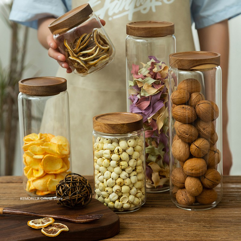Food Storage Jar Glass - Ahşap Kapaklı Cam Hava Geçirmez Teneke