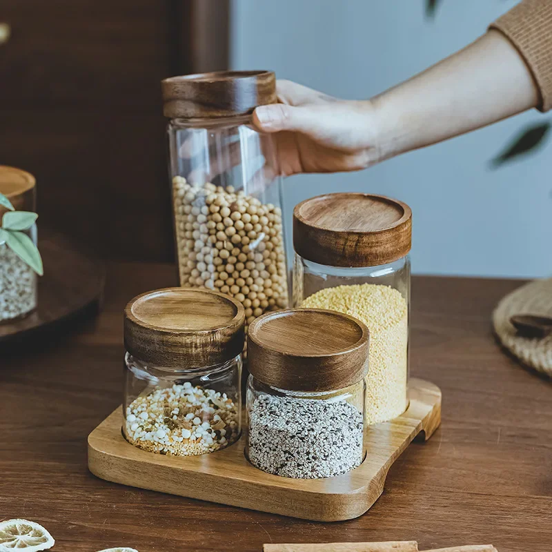 Food Storage Jar Glass - Ahşap kapak Orgnizer cam hava geçirmez